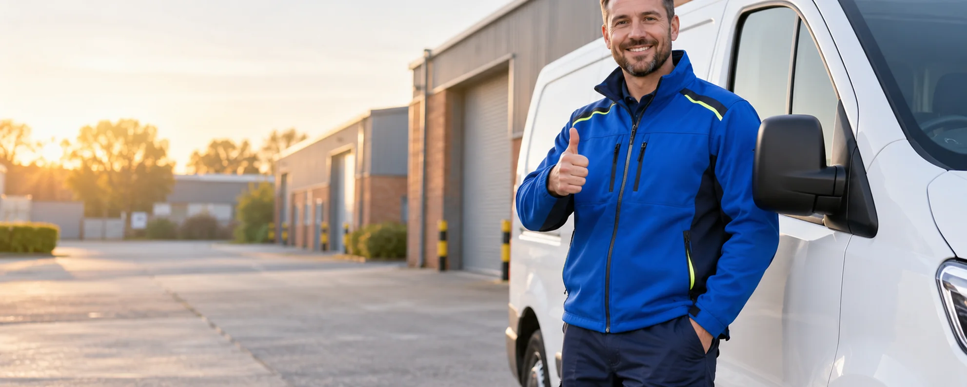Illustrative AI-generated image of a multi-trade worker beside an unbranded white work van, giving a thumbs-up.