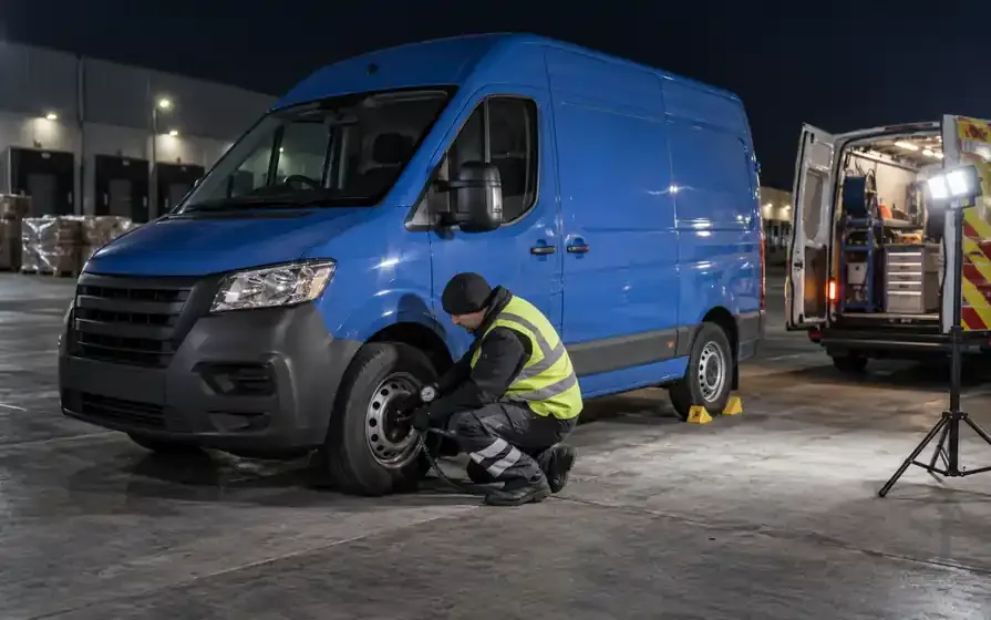 Technician checking a blue van tyre under a work light at night.