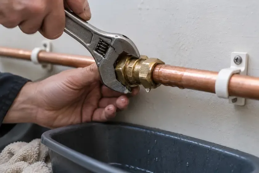Close view of a plumber repairing a dripping copper pipe joint.