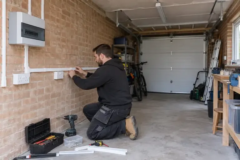 Electrician fitting surface trunking and sockets to a brick garage wall.