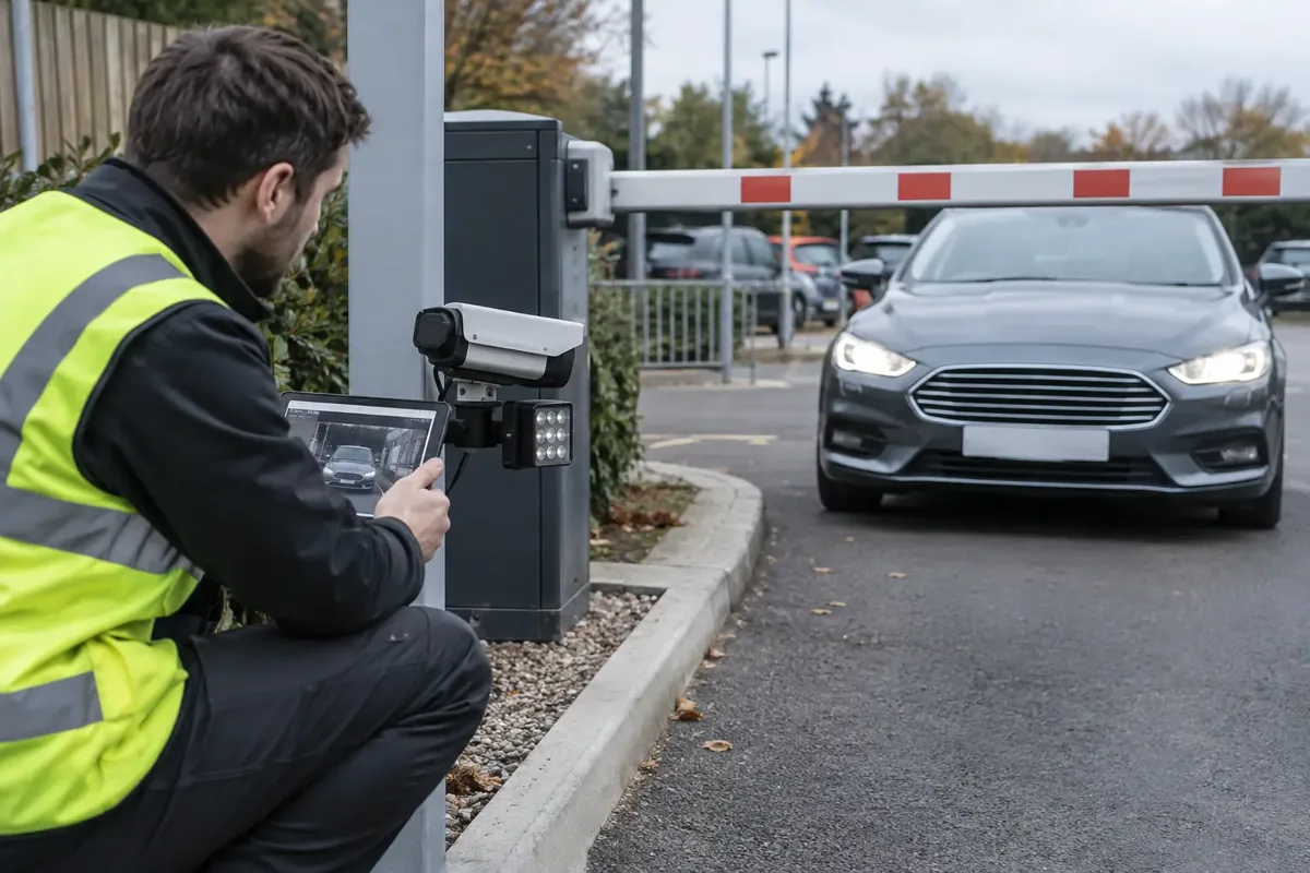 An unbranded narrow-angle ANPR camera with infrared illuminator mounted low beside a UK car-park entrance barrier, clearly aimed towards the front number plate of an approaching car. Technician checks alignment with a tablet. Blank unreadable plate, no letters.