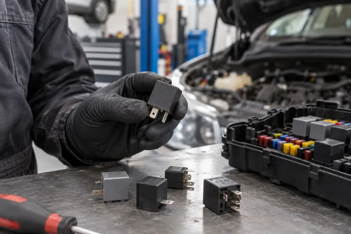Automotive relays and connector pins ready for inspection.