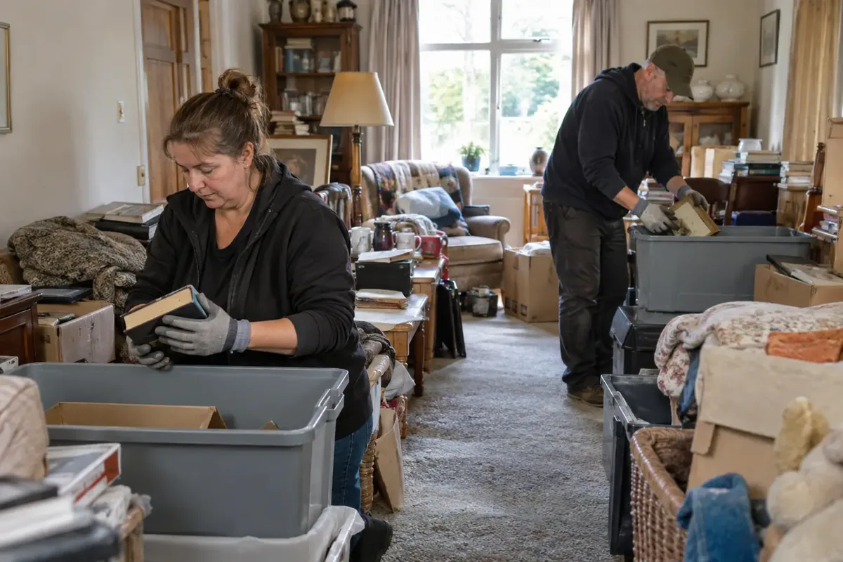 Two respectful clearance workers wearing gloves sorting accumulated household boxes and old belongings in a heavily cluttered but non-graphic living room, clearly cleared safe walkway, labelled-free plain sorting crates, careful calm teamwork.