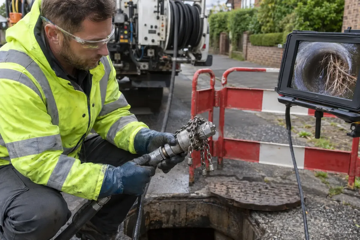 Drain technician beside a guarded open manhole inspecting a compact steel root-cutting chain-flail nozzle attached to a jetting hose. A nearby CCTV monitor shows tree roots protruding into a drain pipe. Clear specific root-removal equipment, gloves and safety glasses.