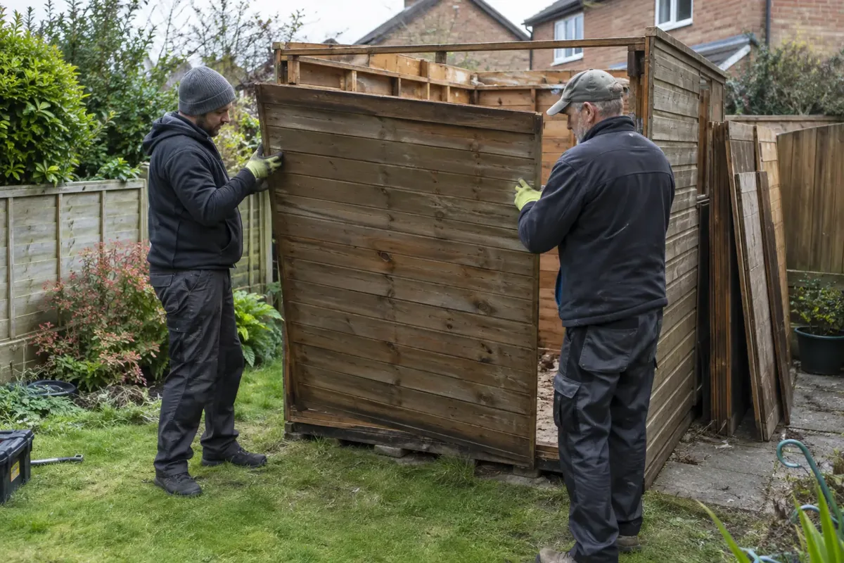 Two gloved workers carefully unbolt and lift a timber wall panel from an old garden shed whose roof has already been removed. Small UK back garden, remaining shed frame and neatly stacked timber panels, no collapse or power saw action.
