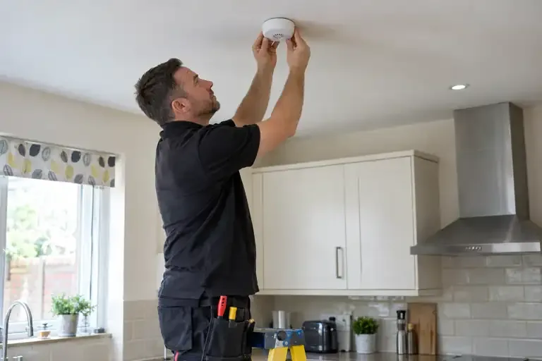 Electrician fitting a heat alarm to a kitchen ceiling.