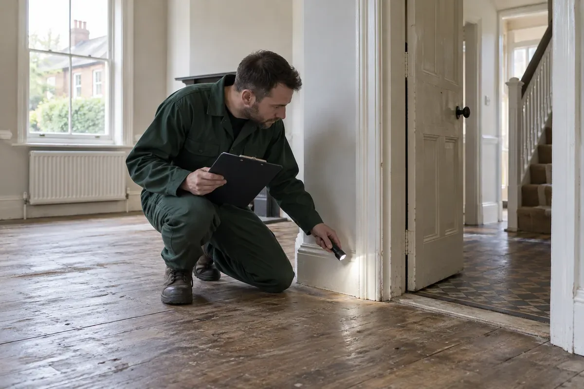 Pest inspector in dark green workwear holding a clipboard and small torch while examining the lower wall and doorway in a vacant British house, natural window light, worn timber floor, medium-wide candid photograph focused on methodical property assessment, no chemical application.