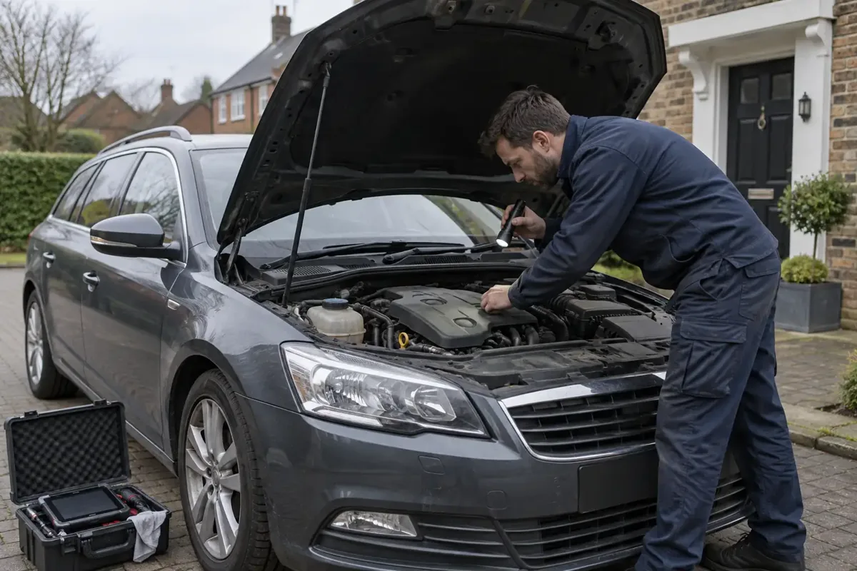 Mechanic inspecting a diesel engine with starting problems