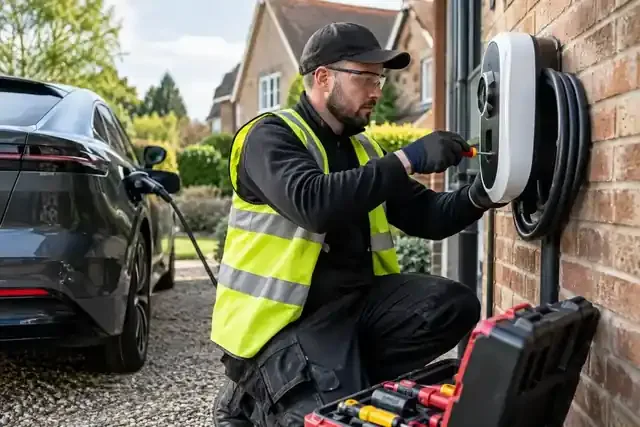 Installer fits a wall-mounted electric vehicle charger.