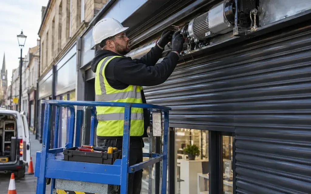 Engineer on an access platform examining the upper shutter drive