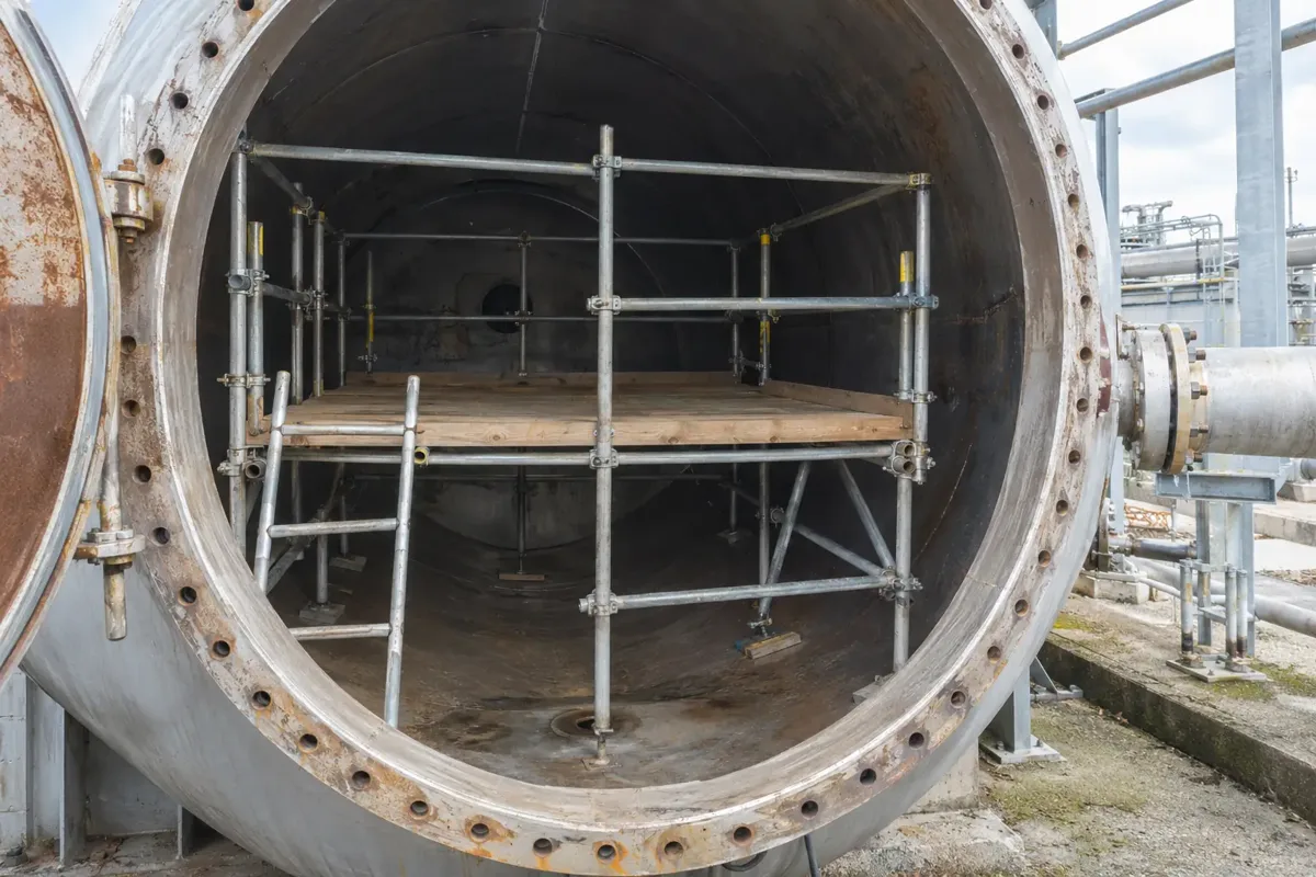 View through a large open service access of a drained industrial cylindrical steel vessel, inside is a purpose-built compact braced scaffold with a boarded guarded working deck fitted within curved tank walls; exterior pipework establishes industrial setting, no workers inside.