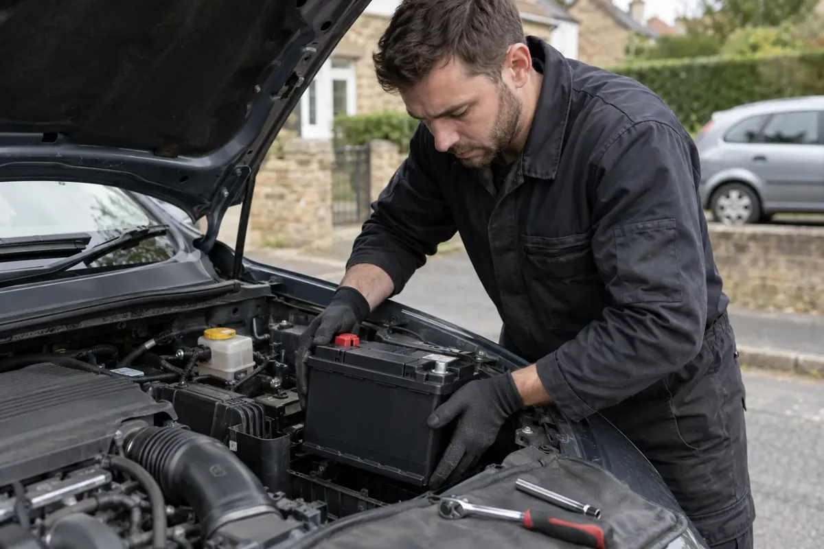 Technician fitting a replacement 12-volt car battery.
