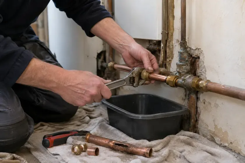 Plumber fitting a replacement copper pipe section.