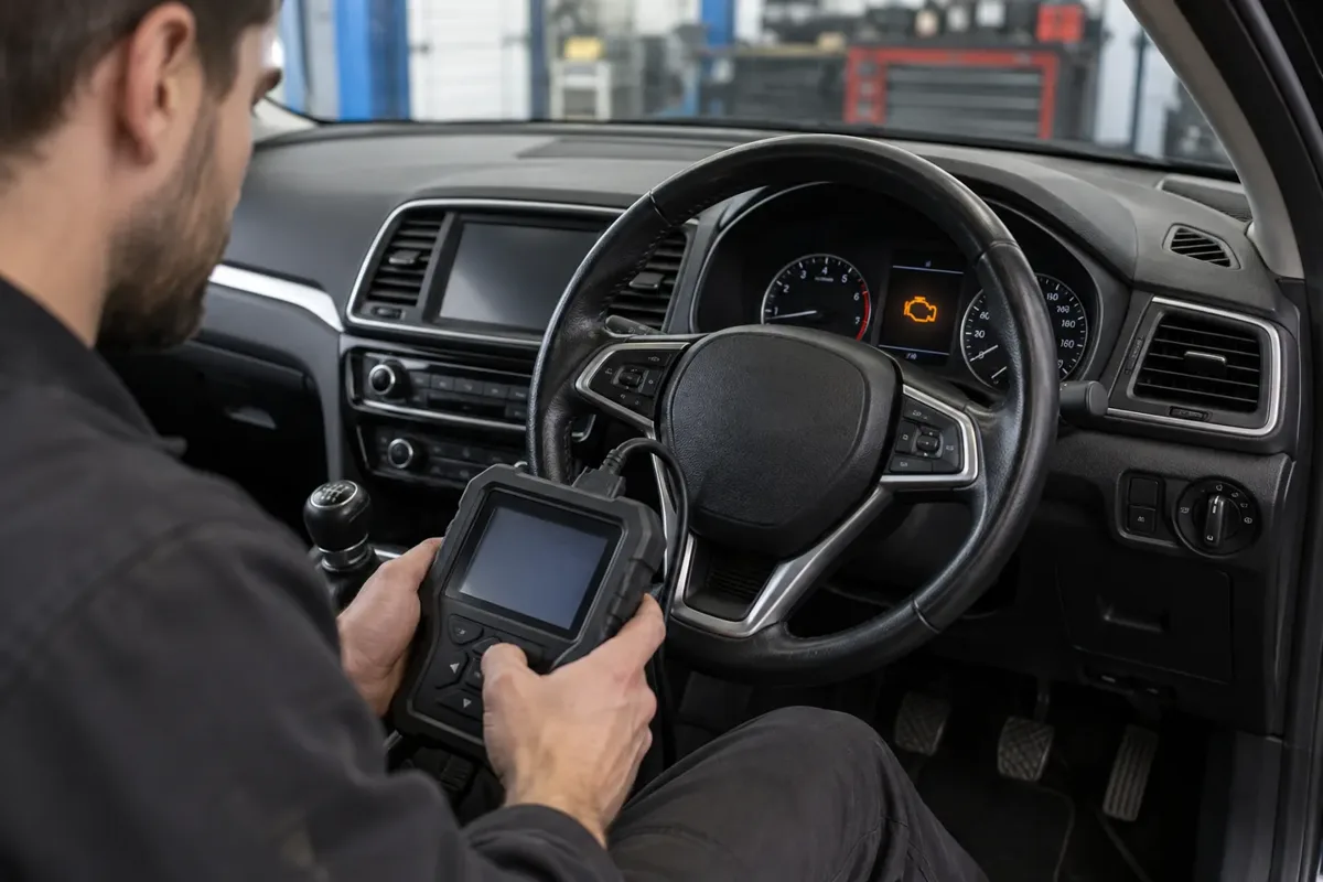 Diagnostic scanner beside a car dashboard with an engine warning symbol.