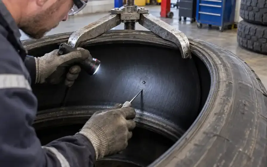 Technician illuminates and probes a small puncture in a demounted tyre held open for inspection.
