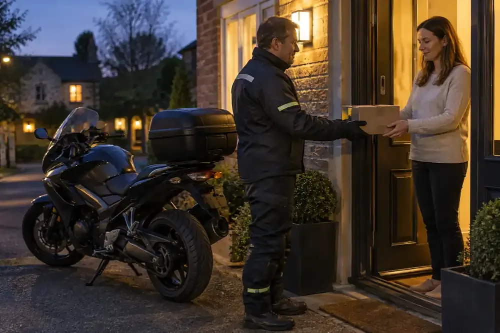 a motorcycle courier preparing or handing over a suitable consignment