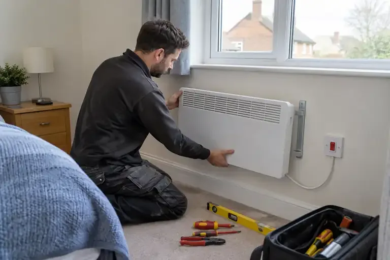 Electric heater installation: a professional electrician assessing or carrying out the electrical work.