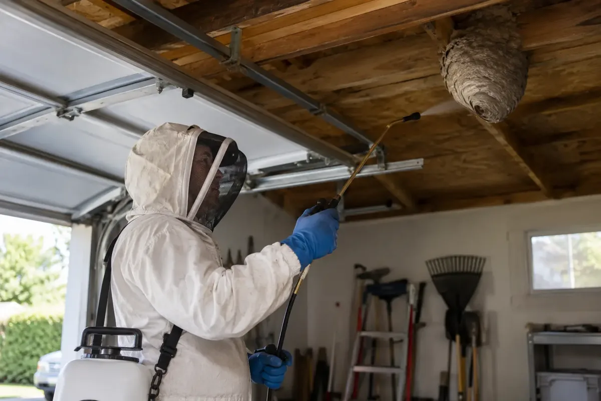 Pest controller treating an active wasp nest