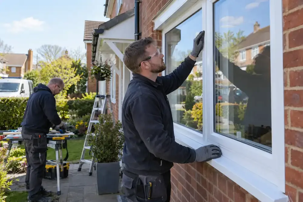 Wide sunny suburban exterior: glaziers finishing a new white double-glazed window in a red-brick semi-detached house, one checking seal perimeter, tidy garden and realistic clear reflections.