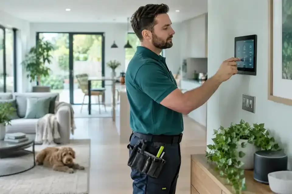 Installer configures a home automation touch panel.