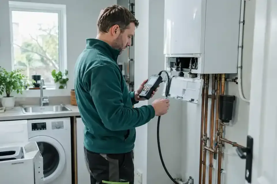 Engineer works on the boiler and its connecting pipes; this is a boiler-service scene rather than a visibly completed installation.