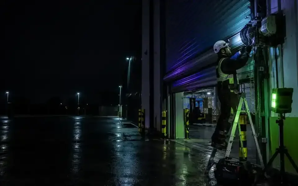 Technician works on an industrial roller door from a ladder.