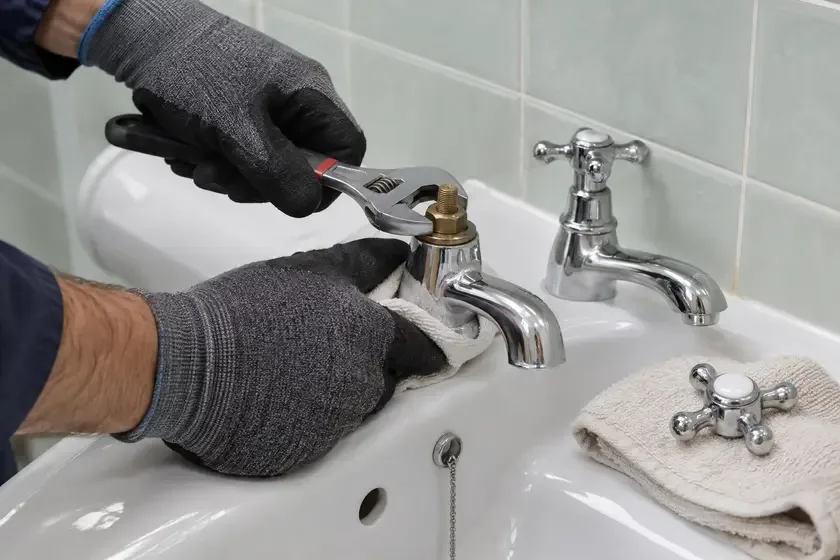 Plumber servicing the exposed headgear of a traditional basin tap.