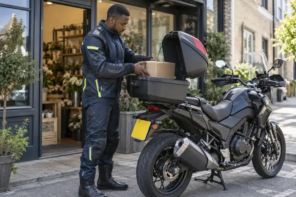 a motorcycle courier preparing or handing over a suitable consignment