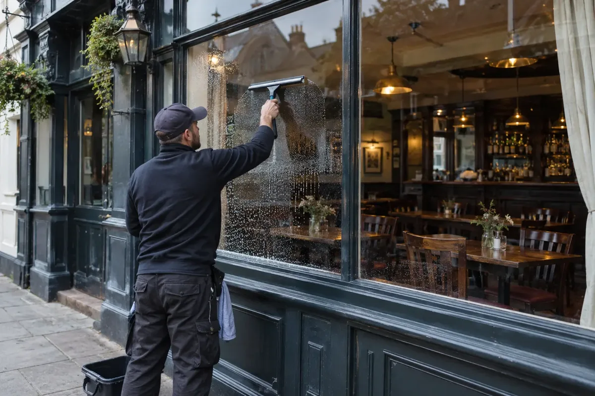 Window cleaner cleaning a large ground-floor front window of a traditional British pub restaurant. Dining tables, bar and pendant lamps are visible inside; worker uses a hand squeegee from pavement level. No patrons, no readable signs.