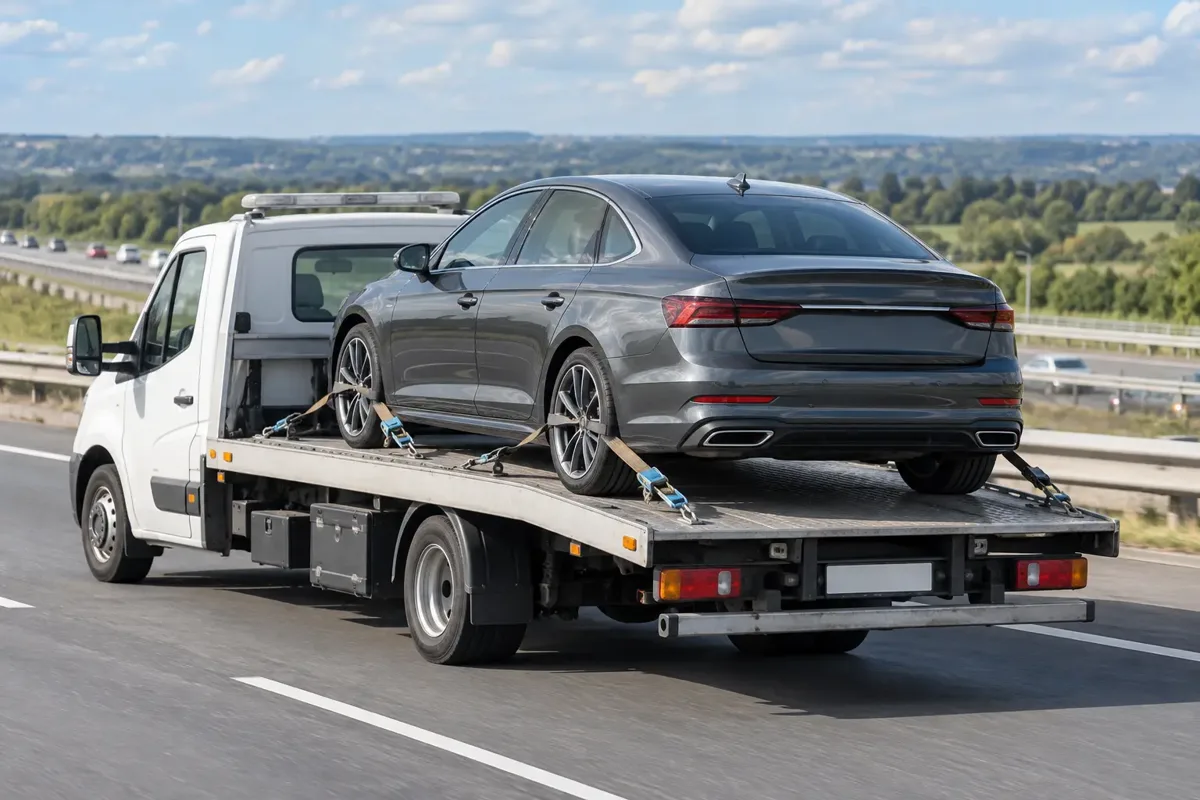 Car strapped safely to a flatbed for long-distance transport