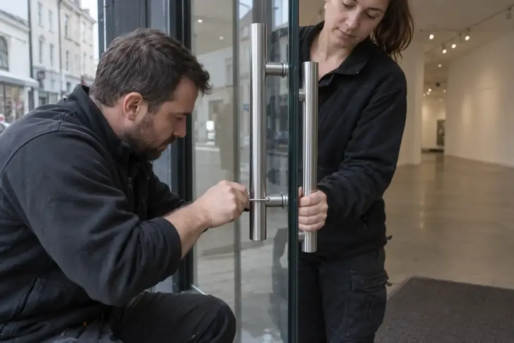 Technician repairing a pull handle on a glazed shop entrance