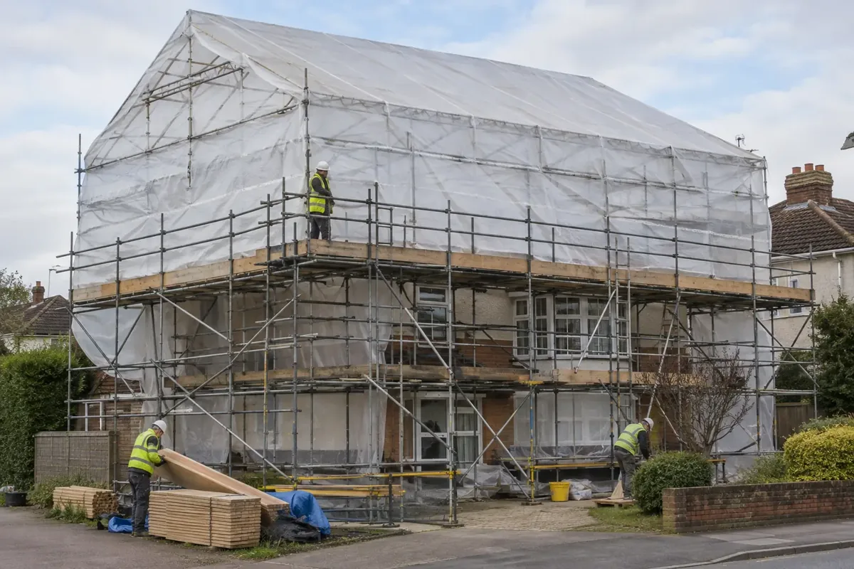 A British house refurbishment completely sheltered by a temporary pitched scaffold roof with taut white translucent shrink-wrap weather membrane over roof trusses and scaffold sides; substantial braced steel scaffolding, guardrails, fully boarded working platforms, no text.