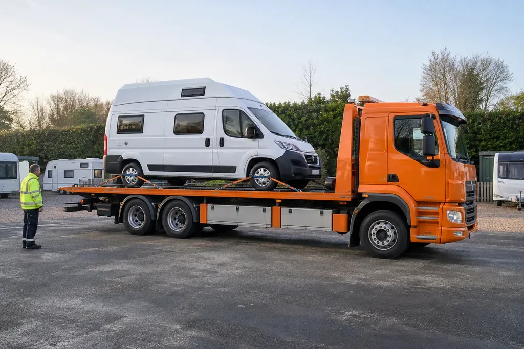 Campervan secured on a suitable recovery platform in a storage yard