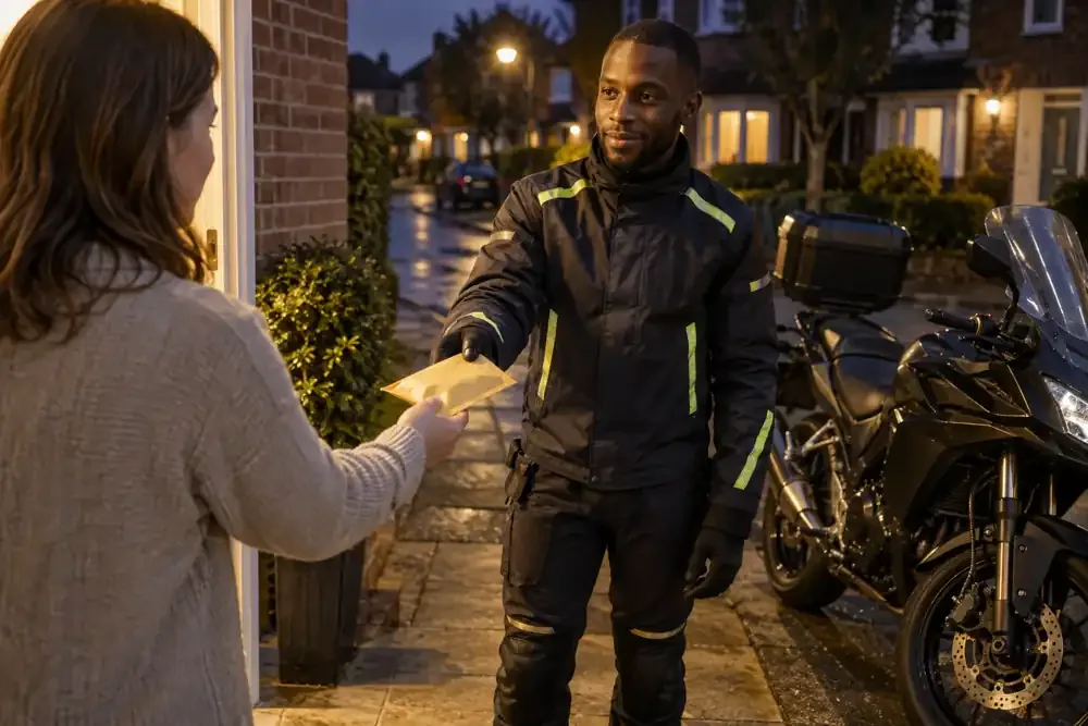 a motorcycle courier preparing or handing over a suitable consignment