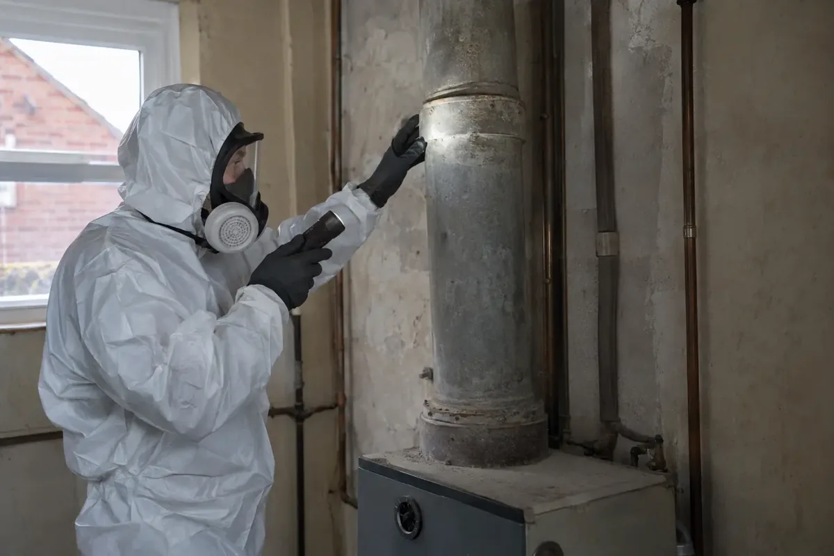 Asbestos specialist in full protective coveralls, gloves and respirator inspecting an old grey asbestos-cement flue duct running vertically from a disused boiler, inside a contained utility space. Clearly show rigid cylindrical flue and joints, torch inspection, no breaking or dust.