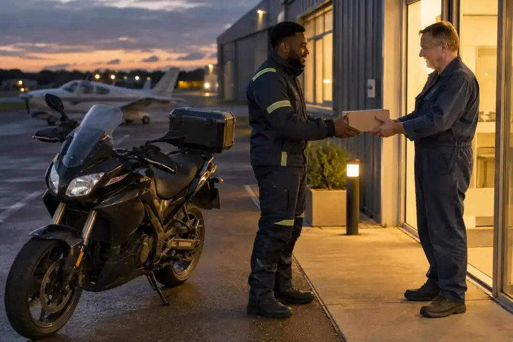 a motorcycle courier preparing or handing over a suitable consignment