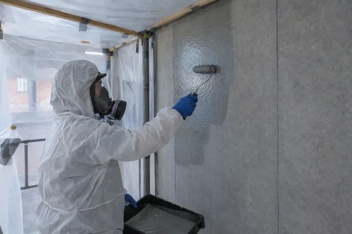 Asbestos specialist in hooded protective coveralls, full-face respirator and gloves applying a smooth protective encapsulation coating with a small roller to an intact old grey board within sealed containment. Wet coating visibly covers part of board, no sanding, cutting or dust.