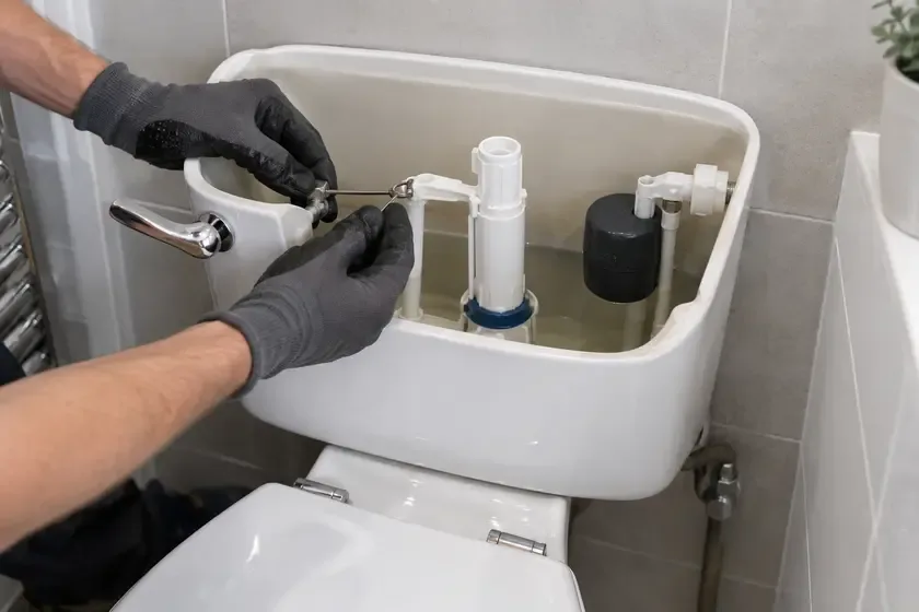 Plumber reconnecting a toilet flush lever linkage inside a cistern.