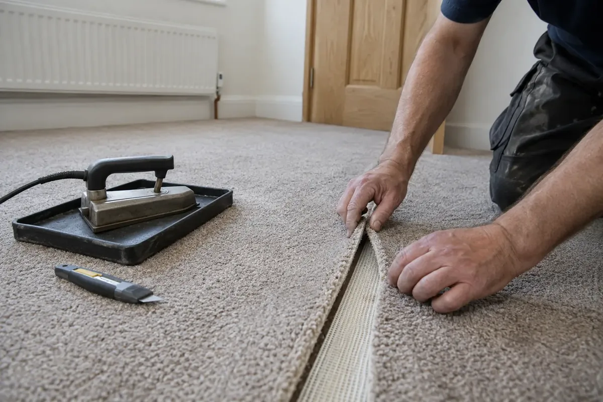 Carpet fitter repairing an open seam between two pieces of fitted carpet using a carpet seaming iron over seam tape, parted carpet edges and precise joint clearly visible, tool resting safely on heat-resistant tray nearby between passes.