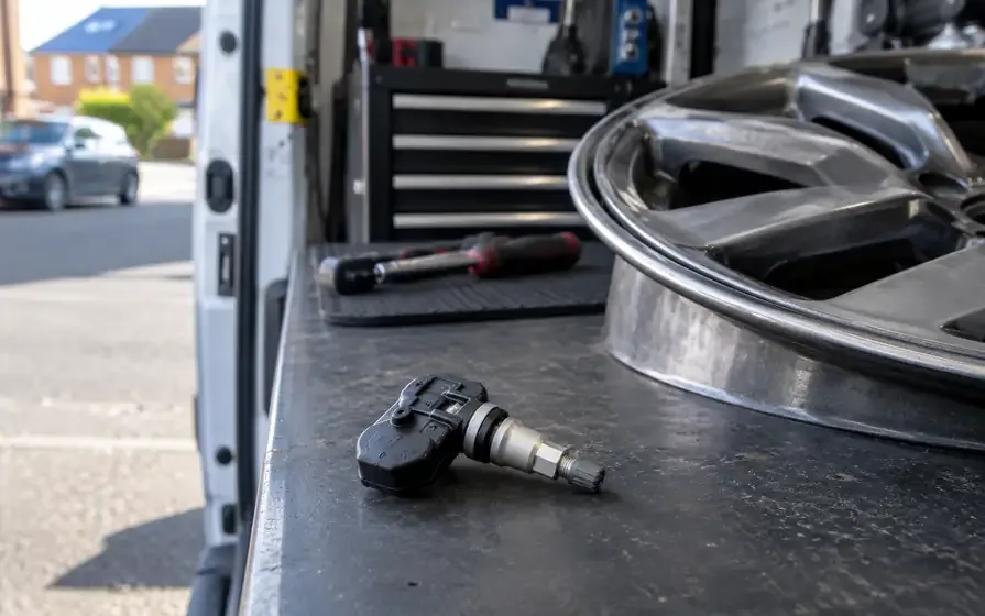 Tyre-pressure monitoring sensor and valve stem beside a removed alloy wheel