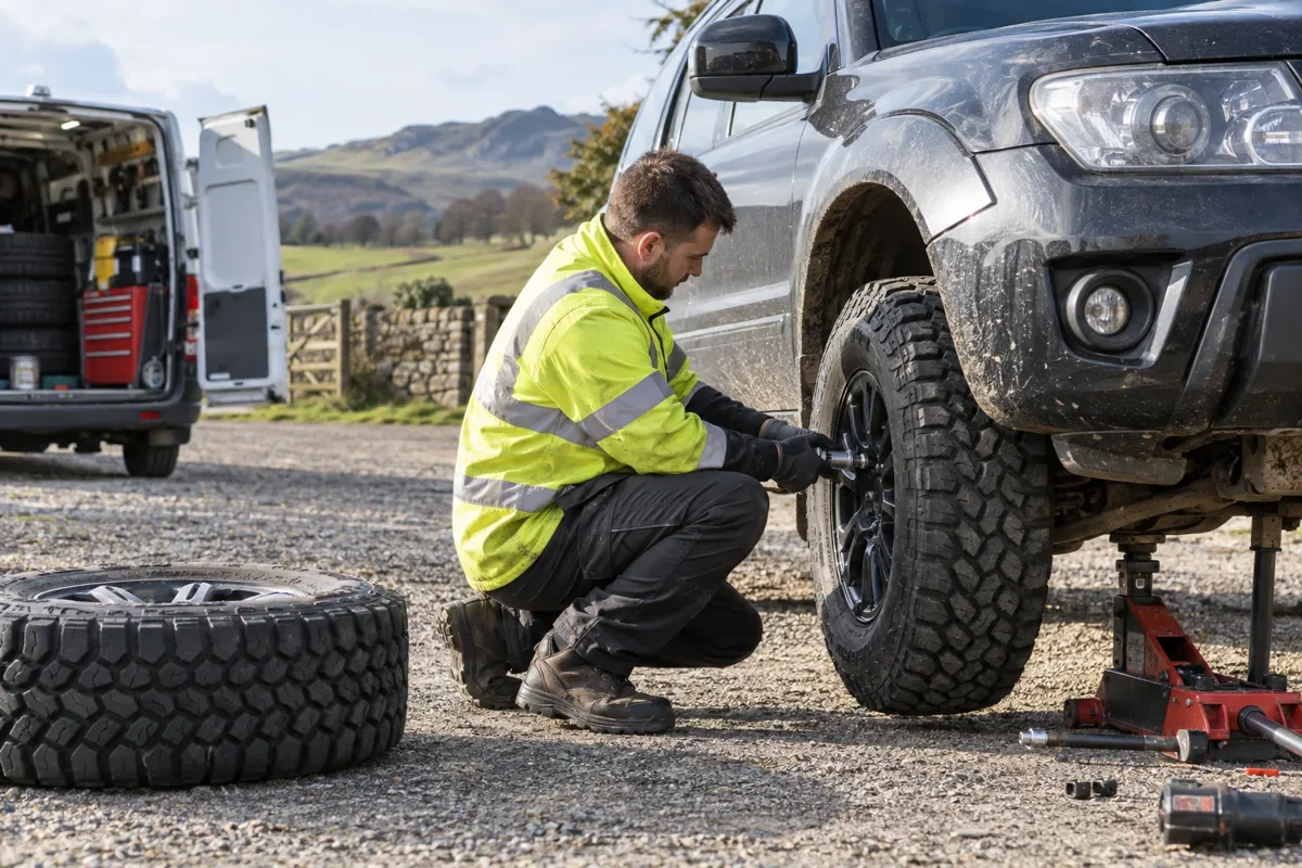 Technician fitting an all-terrain tyre to a 4x4 vehicle