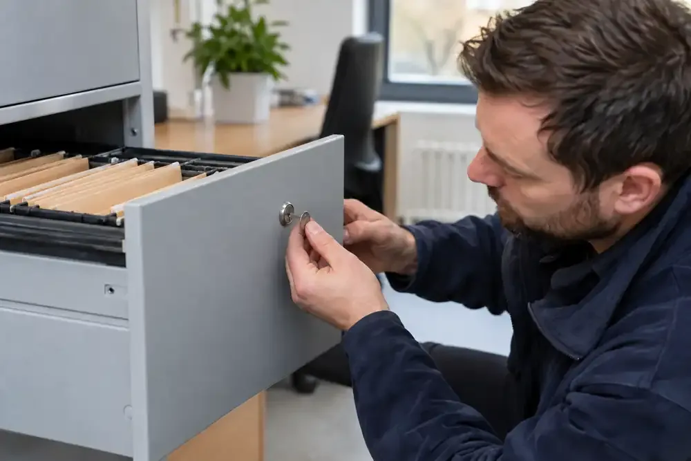 Locksmith checking lock housing on open metal filing cabinet drawer.