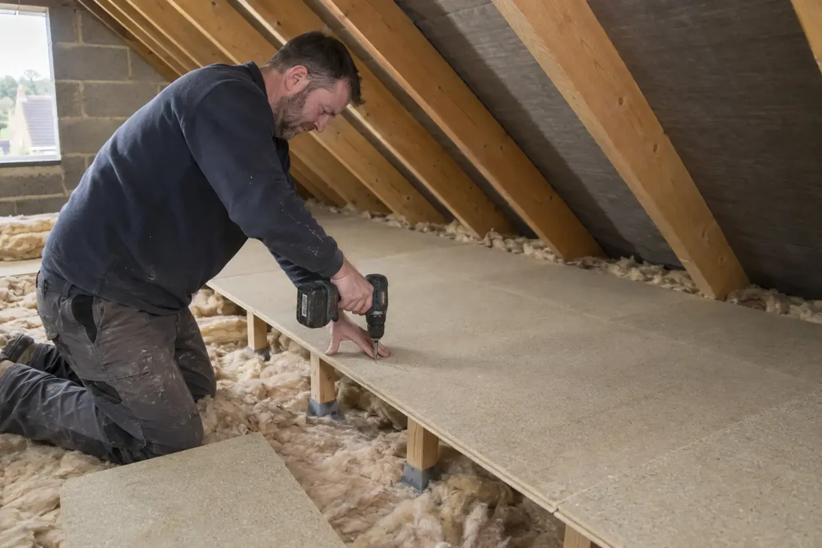 Carpenter fitting raised tongue-and-groove storage boards in a domestic loft, clearly visible raised support legs preserve insulation beneath, roof rafters overhead, stable boarded work area, hand drill securing panel.