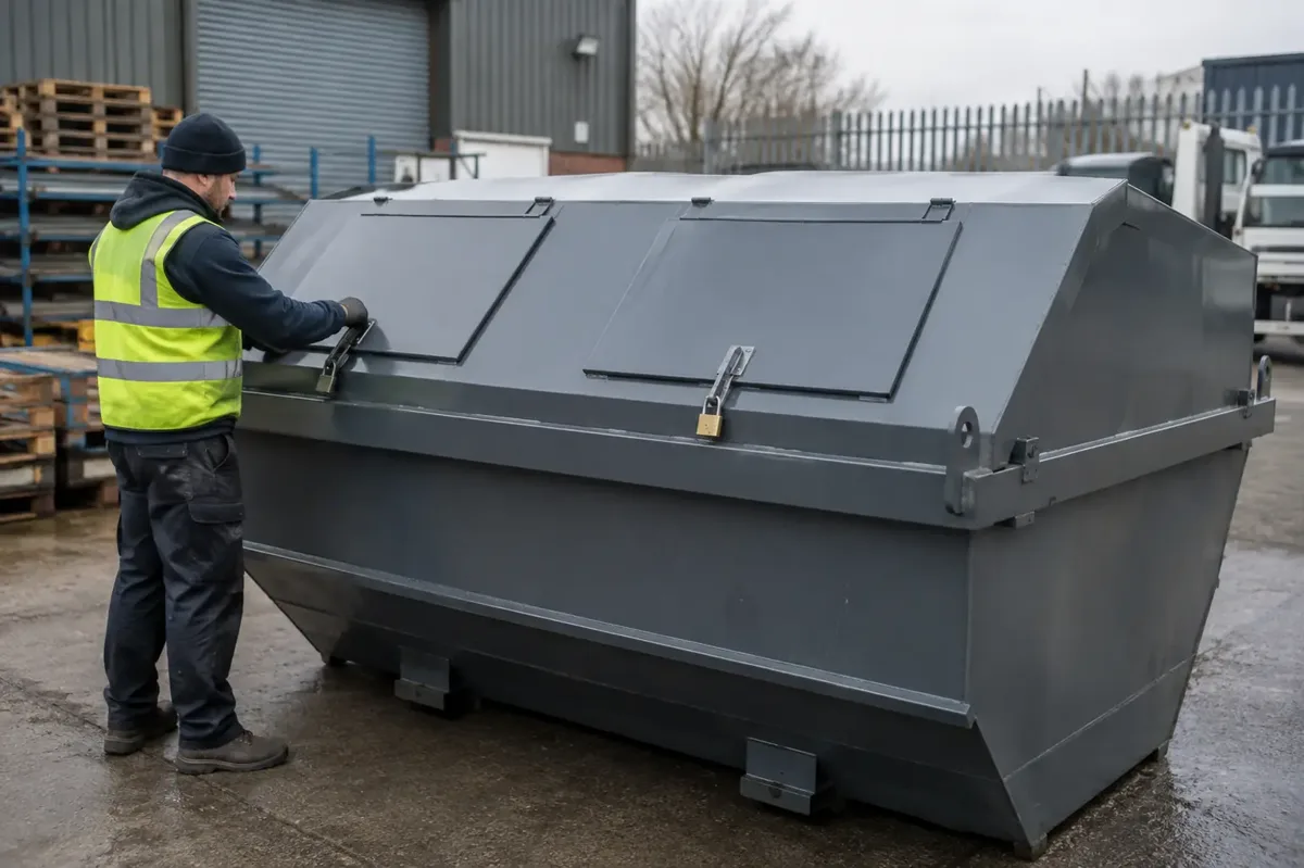 Worker checking a covered steel skip with hinged roof hatches and padlocks.