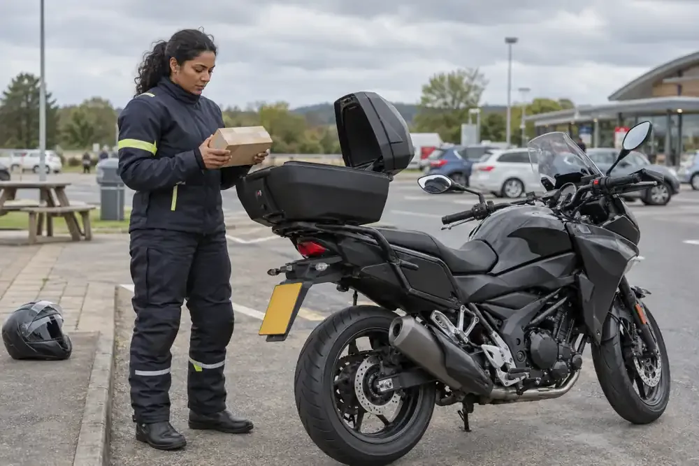 a motorcycle courier preparing or handing over a suitable consignment