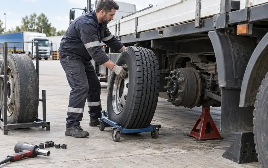 Mechanic guiding a new commercial truck wheel on a trolley toward an exposed hub, with the worn wheel in a rack.