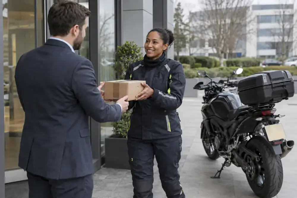 a motorcycle courier preparing or handing over a suitable consignment