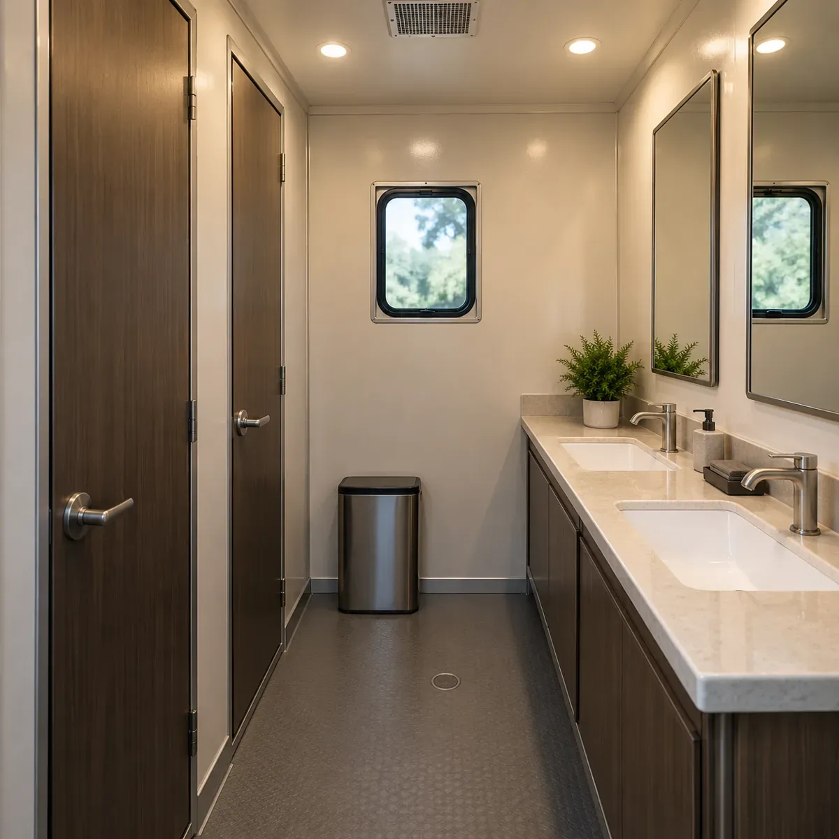 Illustration of a luxury toilet trailer interior with cubicles and washbasins