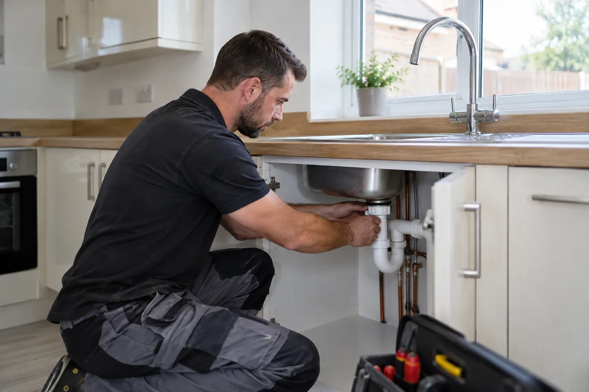 Plumber repairing domestic water supply pipes in a home