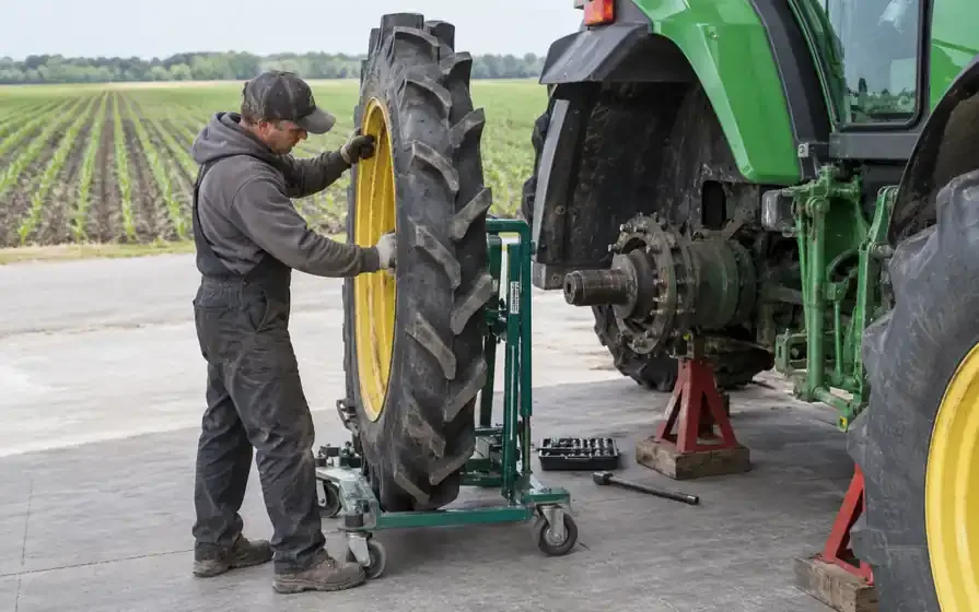 Fitter positioning a very narrow row-crop tractor wheel beside a securely supported rear axle.